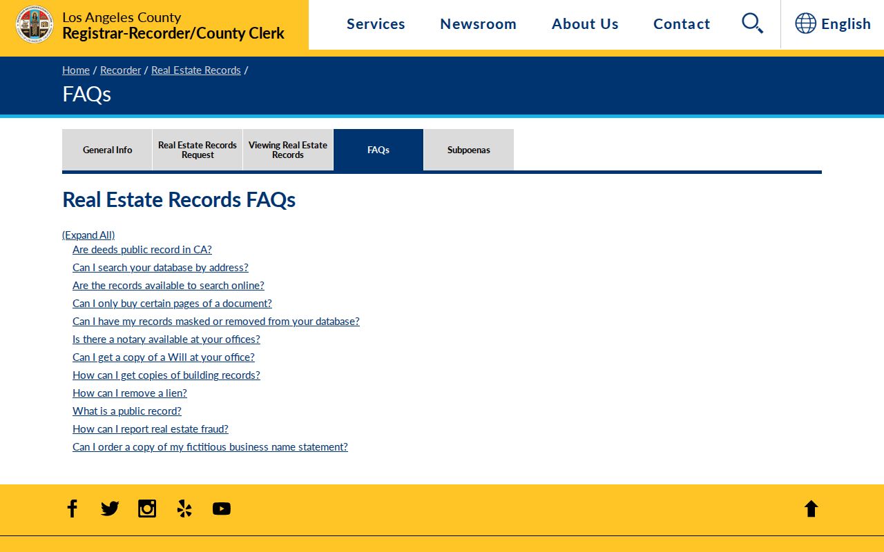 Los Angeles County deed index limits for La Mirada previous residents
